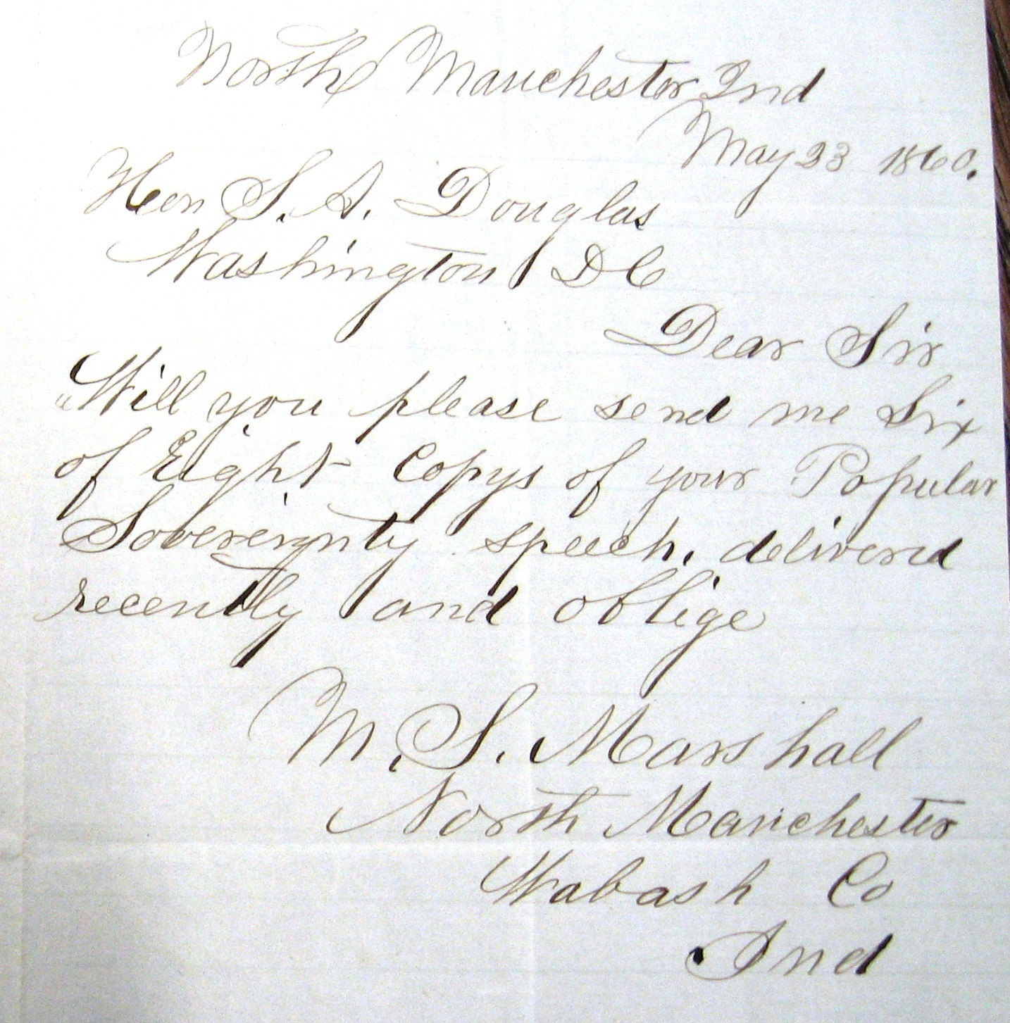 Correspondence, Milborn Marshall to Sen. Douglas, May 23, 1860